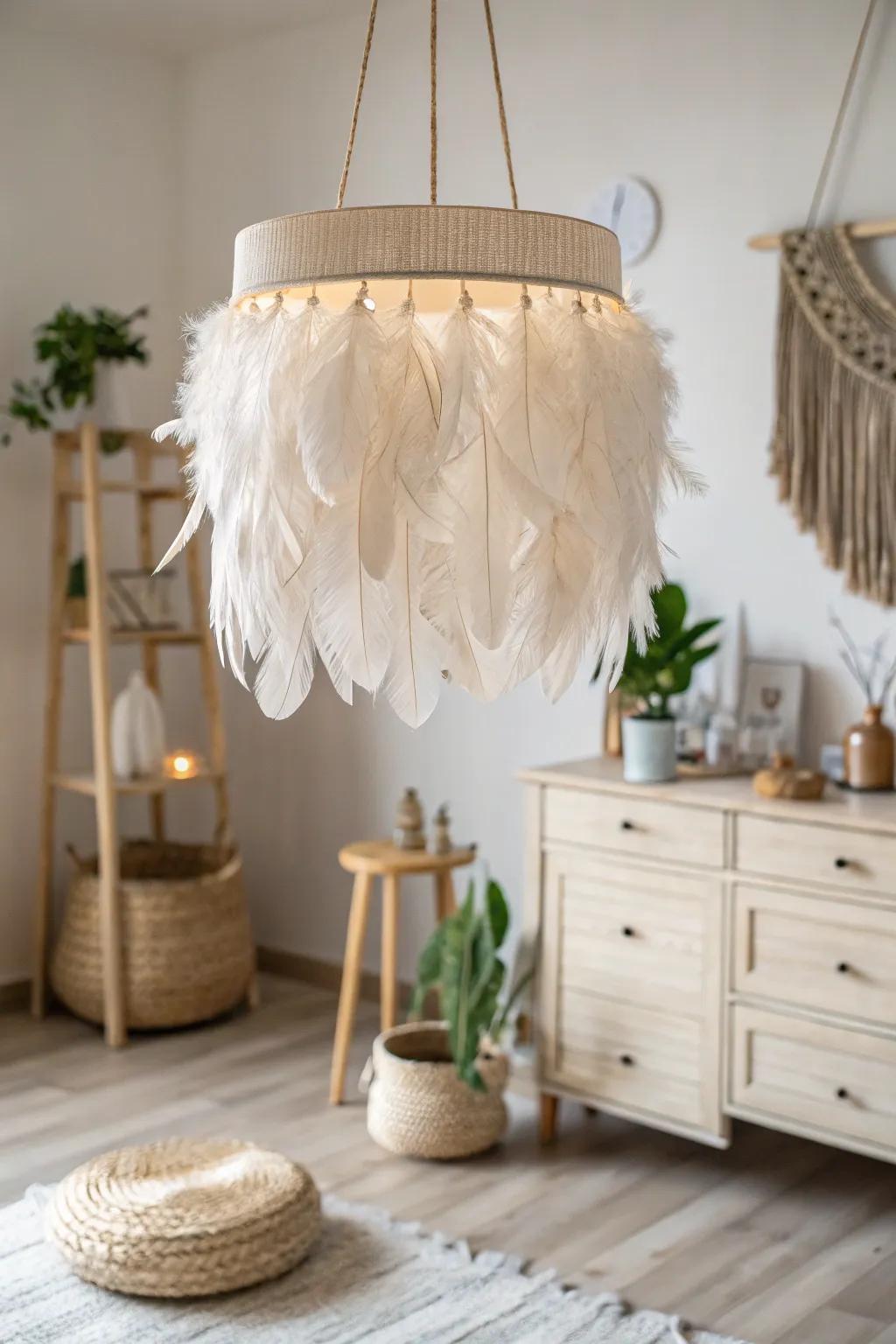 Elevate your space with a dreamy feather lampshade, blending boho whimsy with Scandinavian simplicity.