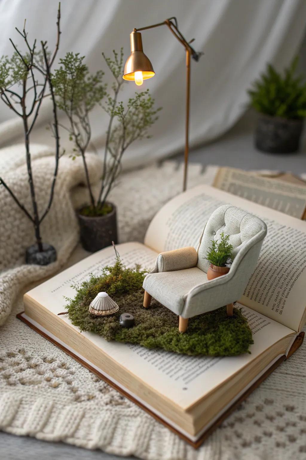Discover your tiny sanctuary: a miniature reading nook where stories come alive.