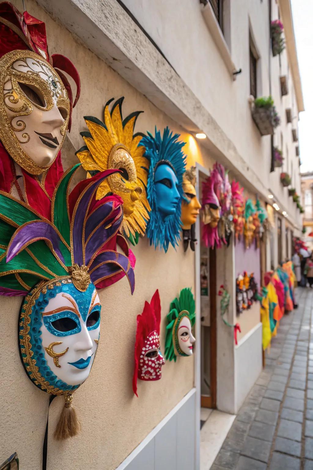 A wall adorned with a vibrant collection of Carnival masks, adding a festive touch to the space.