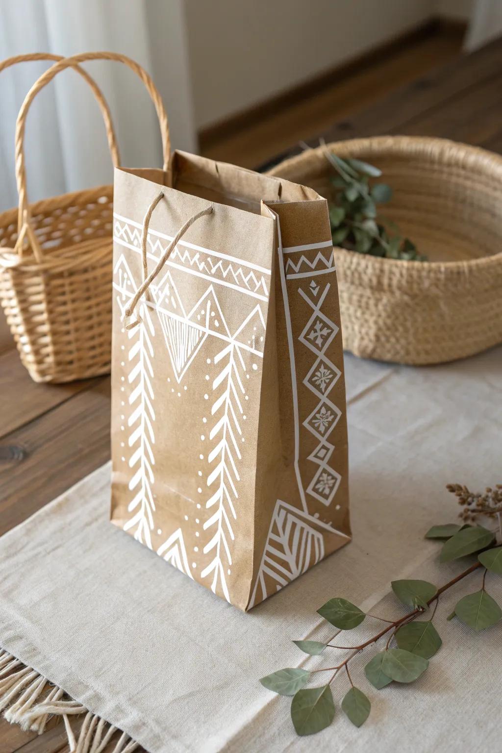 Elevate your gift wrapping with handcrafted elegance: minimalist white patterns on brown paper bags.
