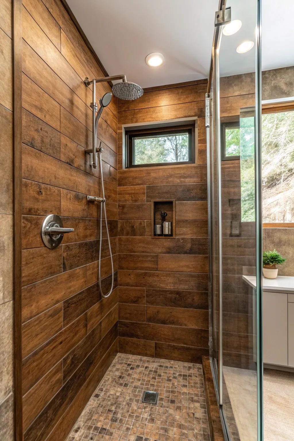 A perfect blend of rustic and modern styles with brown wood-look tiles.