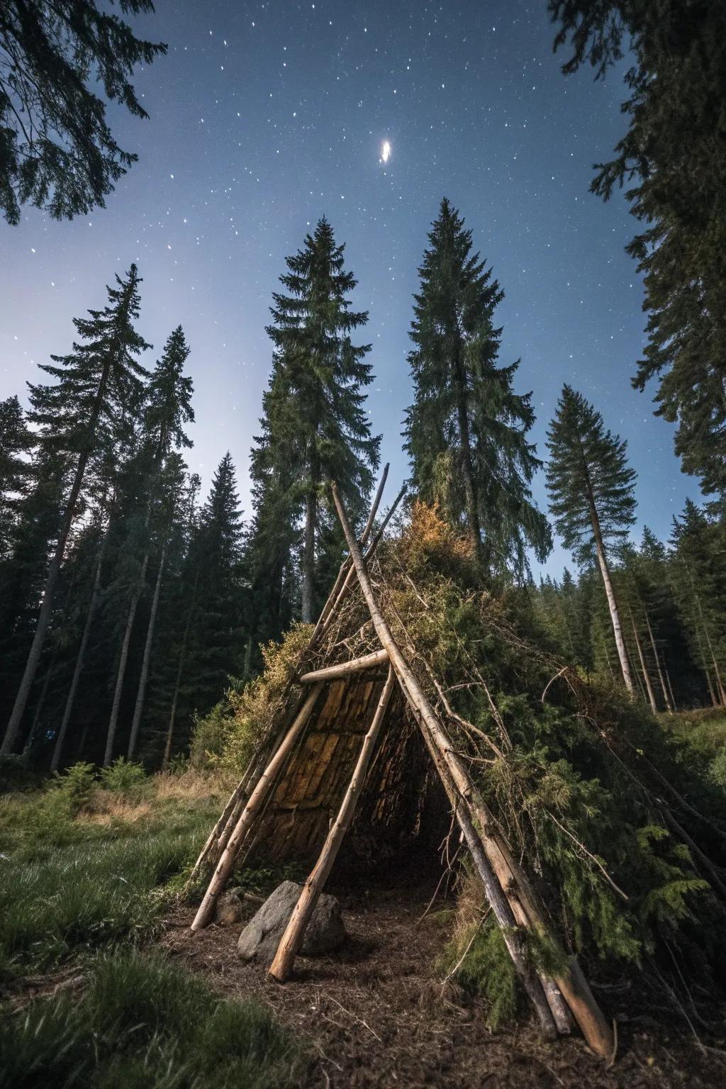 Master the wilderness with this expertly crafted A-frame shelter, your haven against the elements.