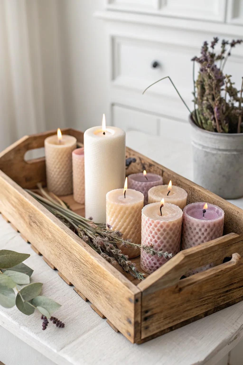 Discover the warmth and charm of rustic wooden crates for your candle display, where simplicity meets natural elegance.