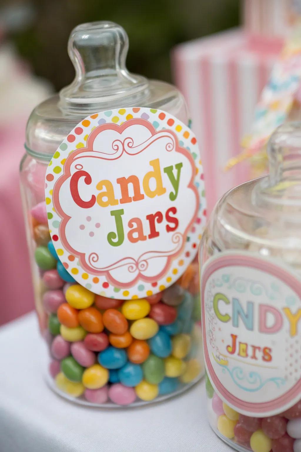 Custom candy labels add a personal touch.