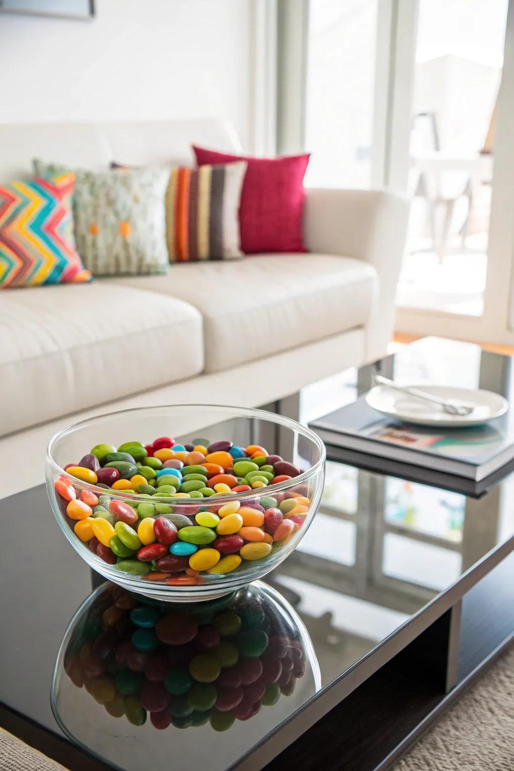 A glass candy bowl brings elegance and color to your living space.