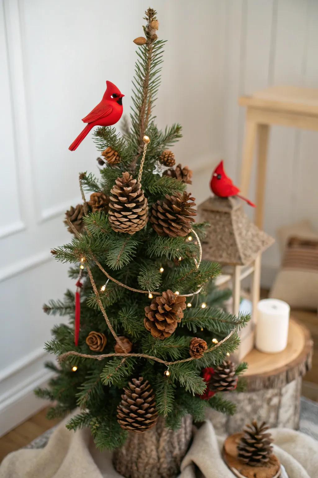 Rustic charm with pinecones and cardinals.