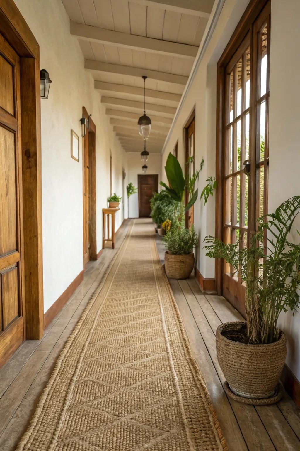 A hallway featuring a natural sisal carpet.