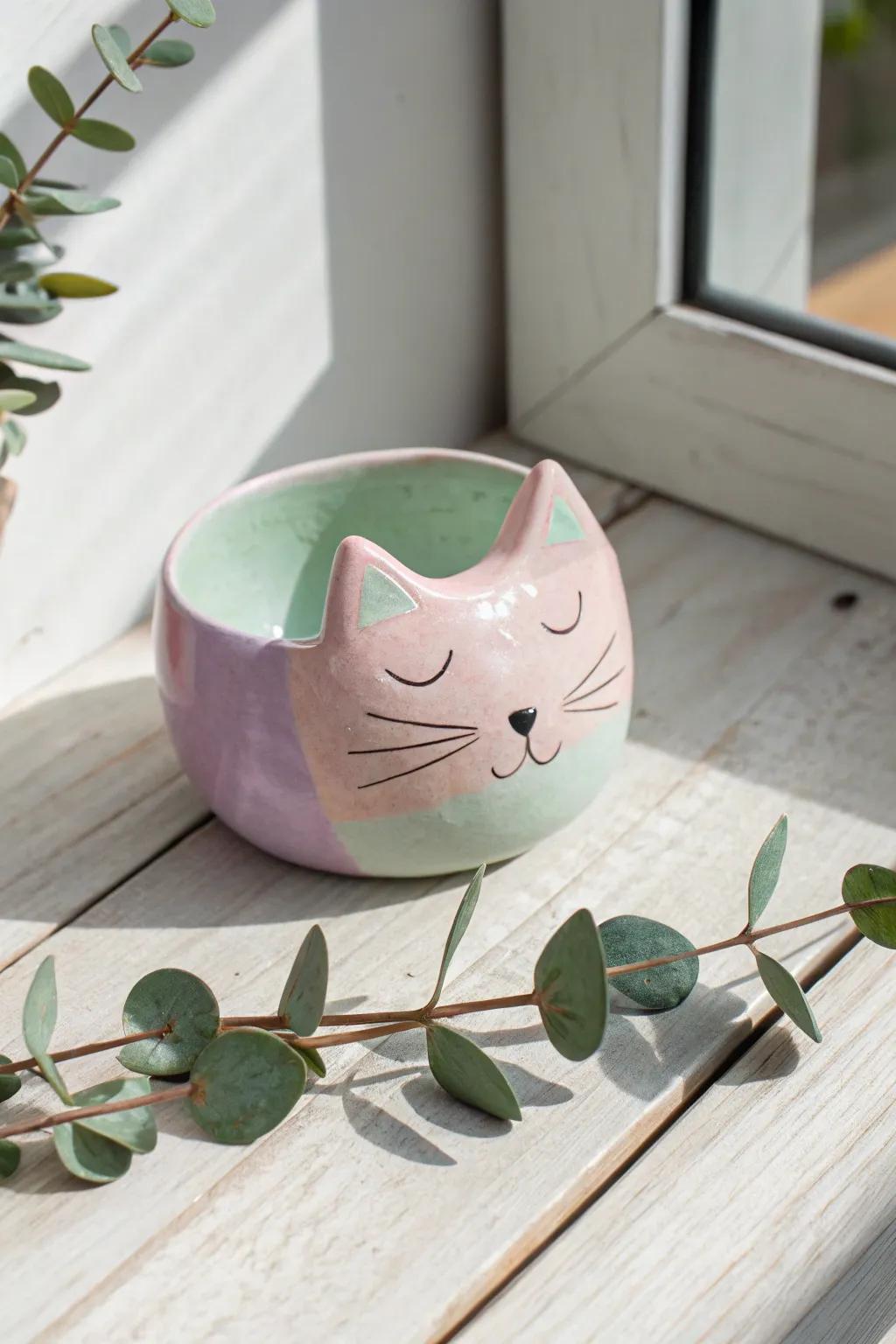Embrace the serenity of pastels with this charming cat pinch pot, a perfect blend of minimalist elegance and boho flair.