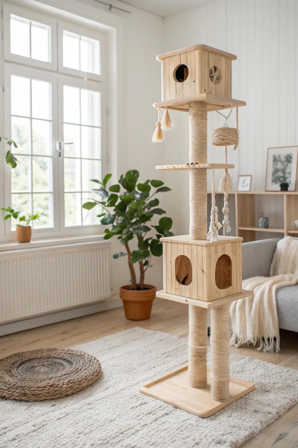 Elevate your cat's playtime with a minimalist cat tree that's as stylish as it is functional. 🌿🐾 #ScandinavianDesign #CatHaven
