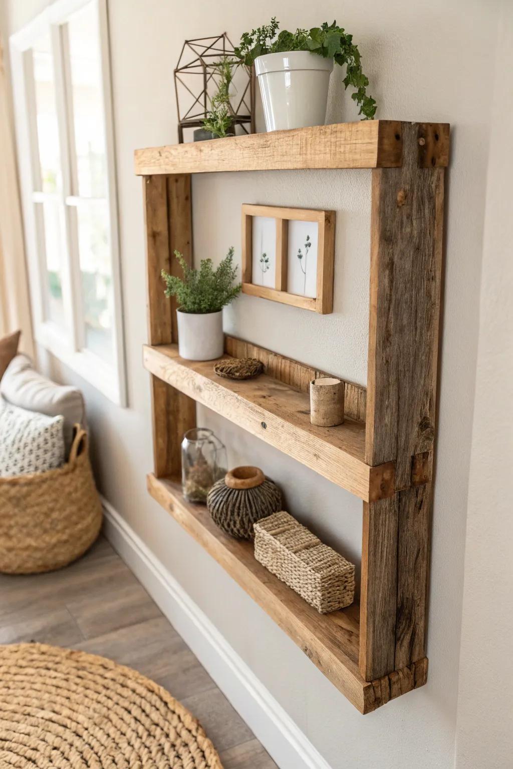 Elevate your catio with rustic charm: Reclaimed wood shelves for a cozy, natural touch.