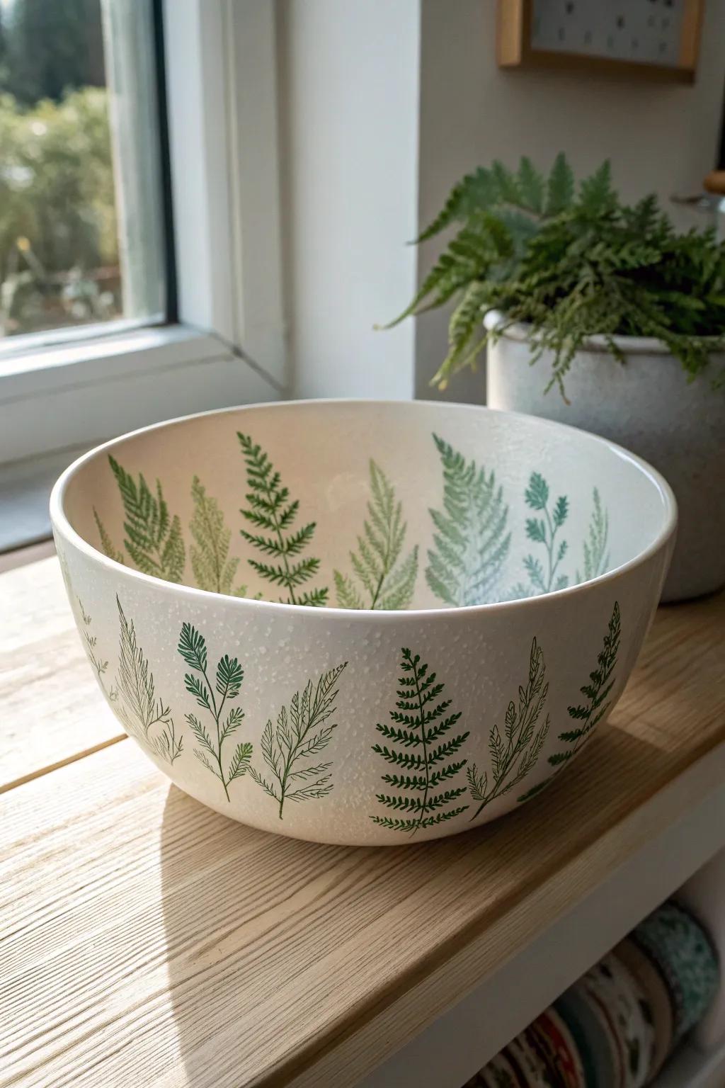 Breathe life into your space with this nature-inspired ceramic bowl, where delicate fern motifs bring a touch of the outdoors inside. #ScandiBoho #CeramicArt #NatureInspired