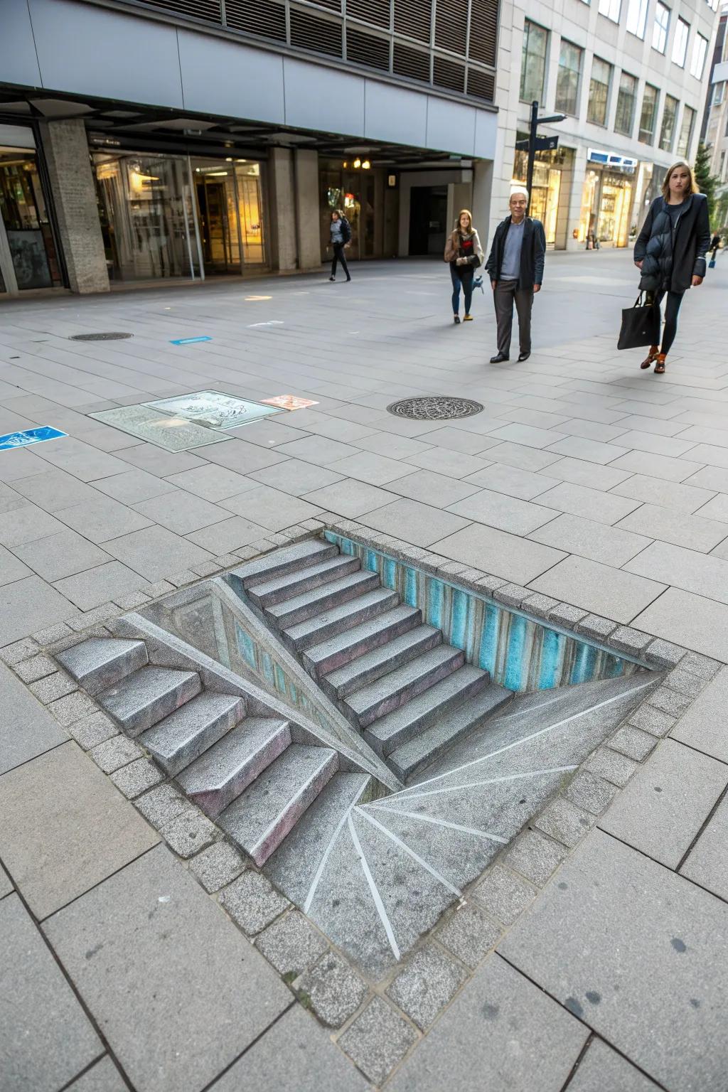 Step into creativity: Explore the art of optical illusions with this stunning chalk creation.