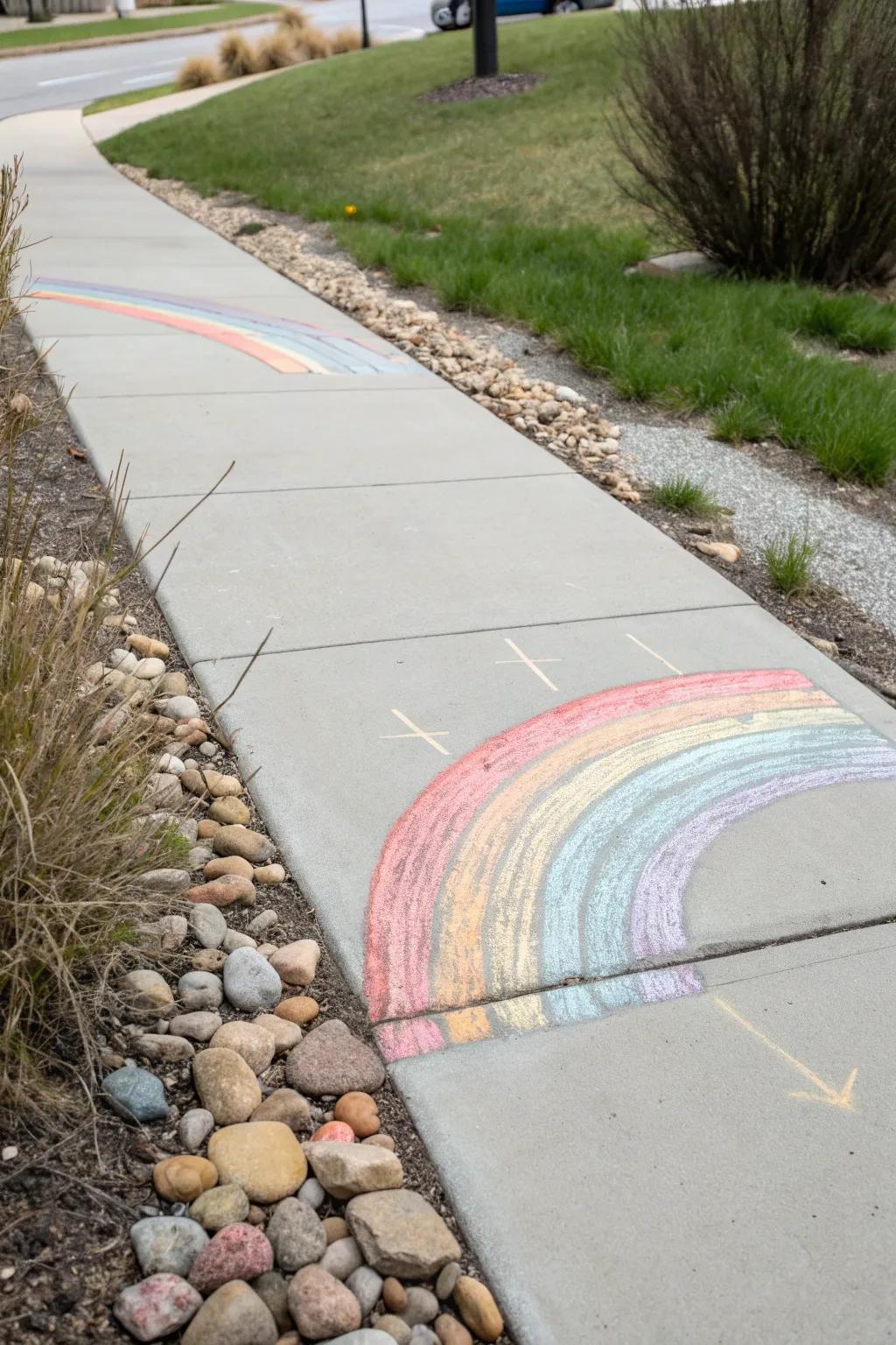 Add a splash of joy with a simple yet stunning rainbow chalk art that brightens any path.