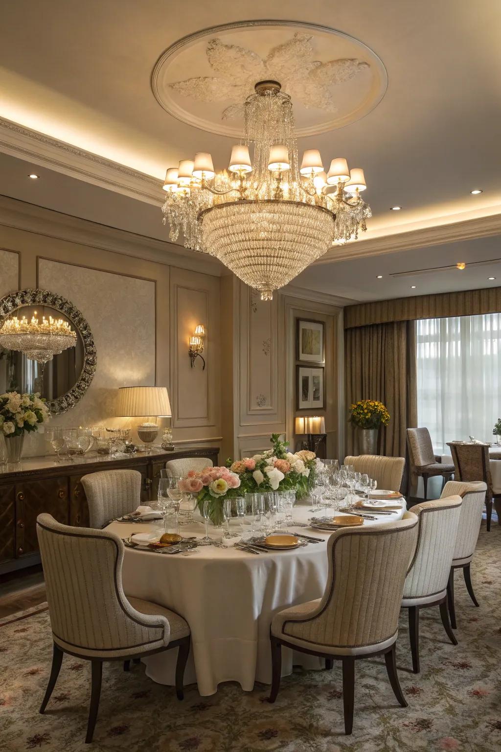 A luxurious chandelier enhances the dining experience in a sophisticated dining room.