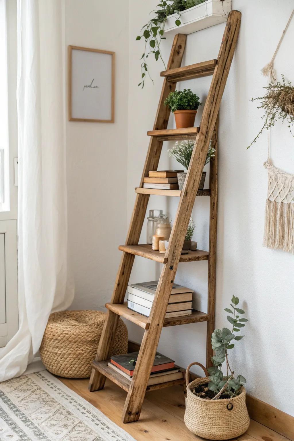 Transform nostalgia into style with a DIY ladder bookshelf, where memories meet minimalist charm.