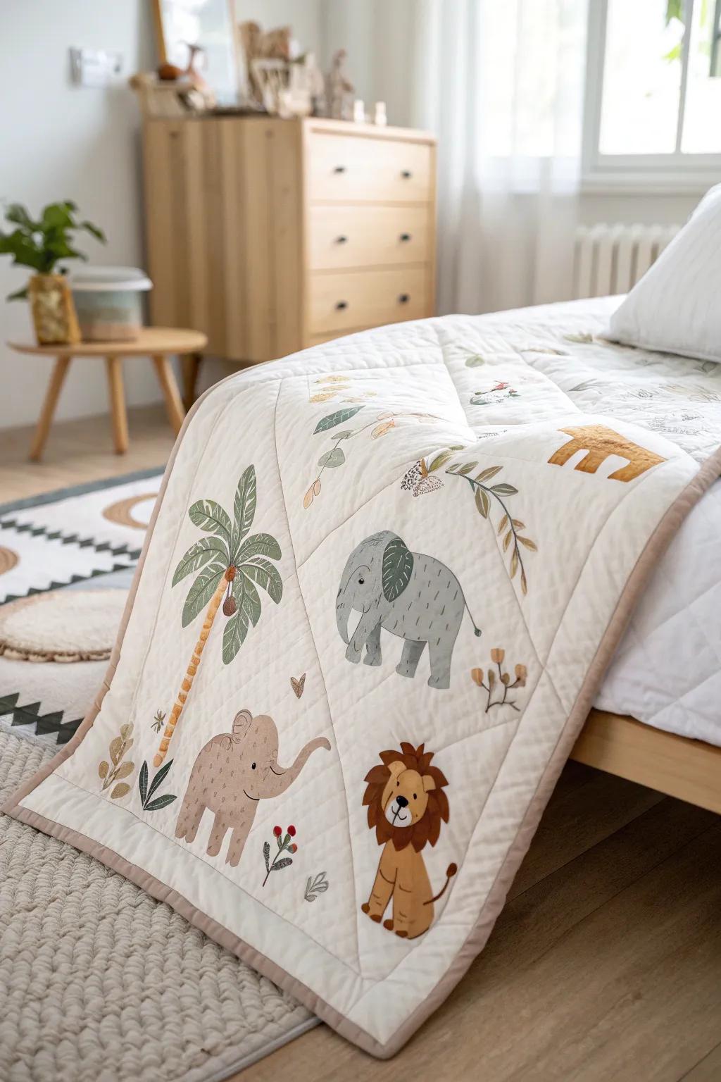 Embark on a safari adventure every night with this charming animal kingdom quilt.