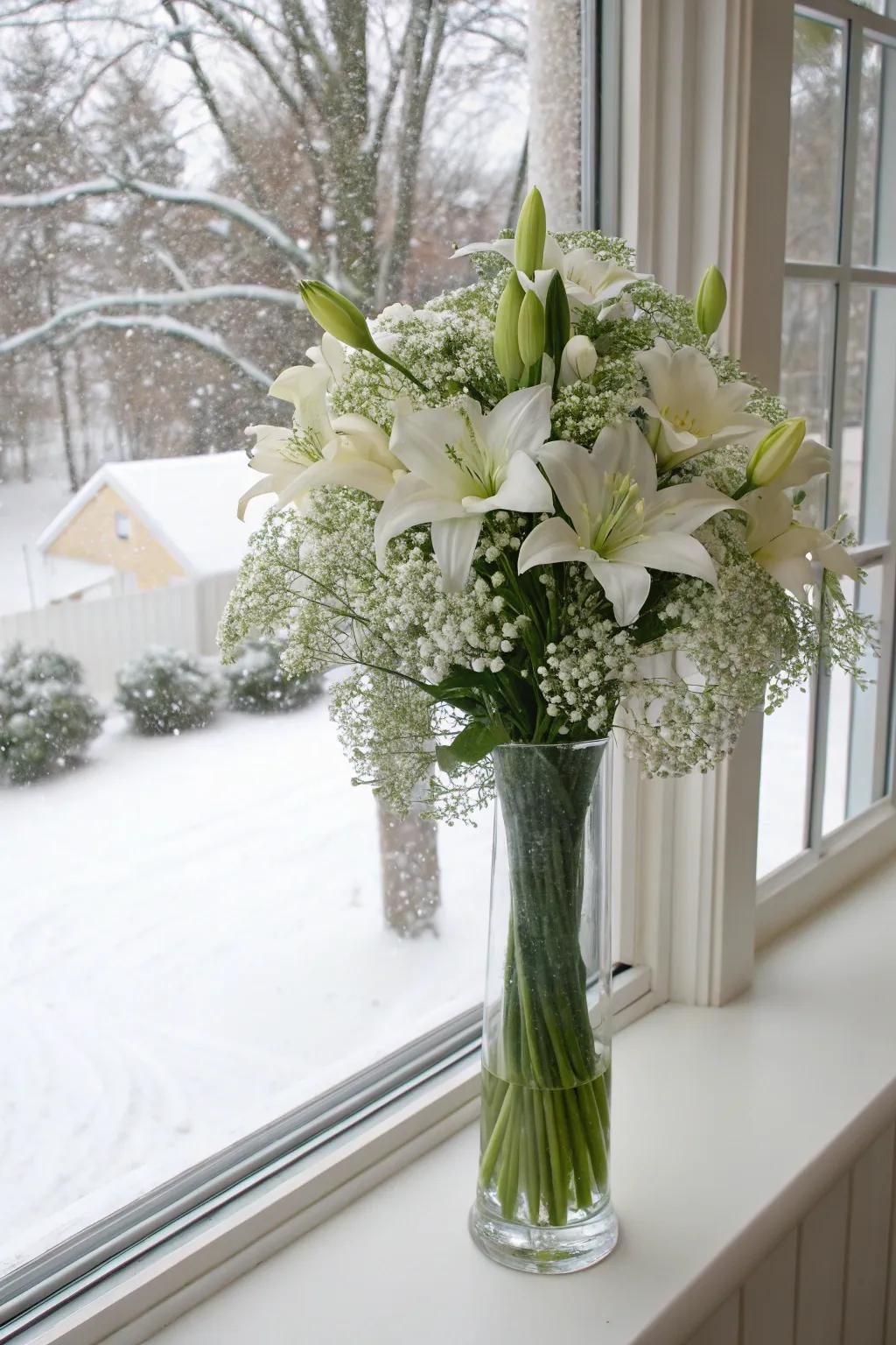 A serene winter wonderland bouquet with white lilies and baby's breath.