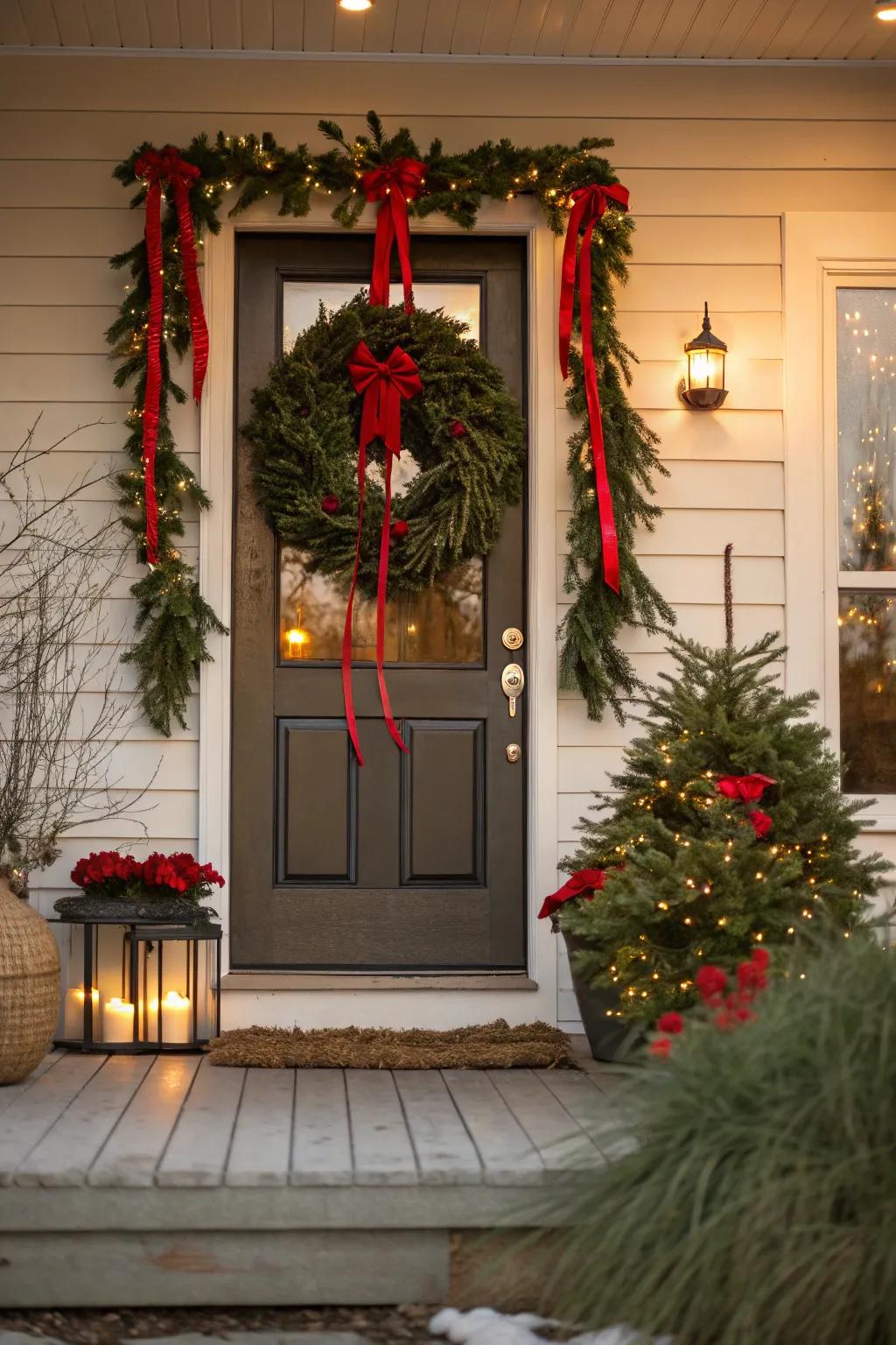 A welcoming entrance featuring festive wreaths and garlands.