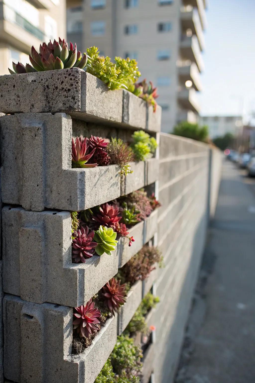 Urban Elegance: Transform your space with a cinder block vertical garden.