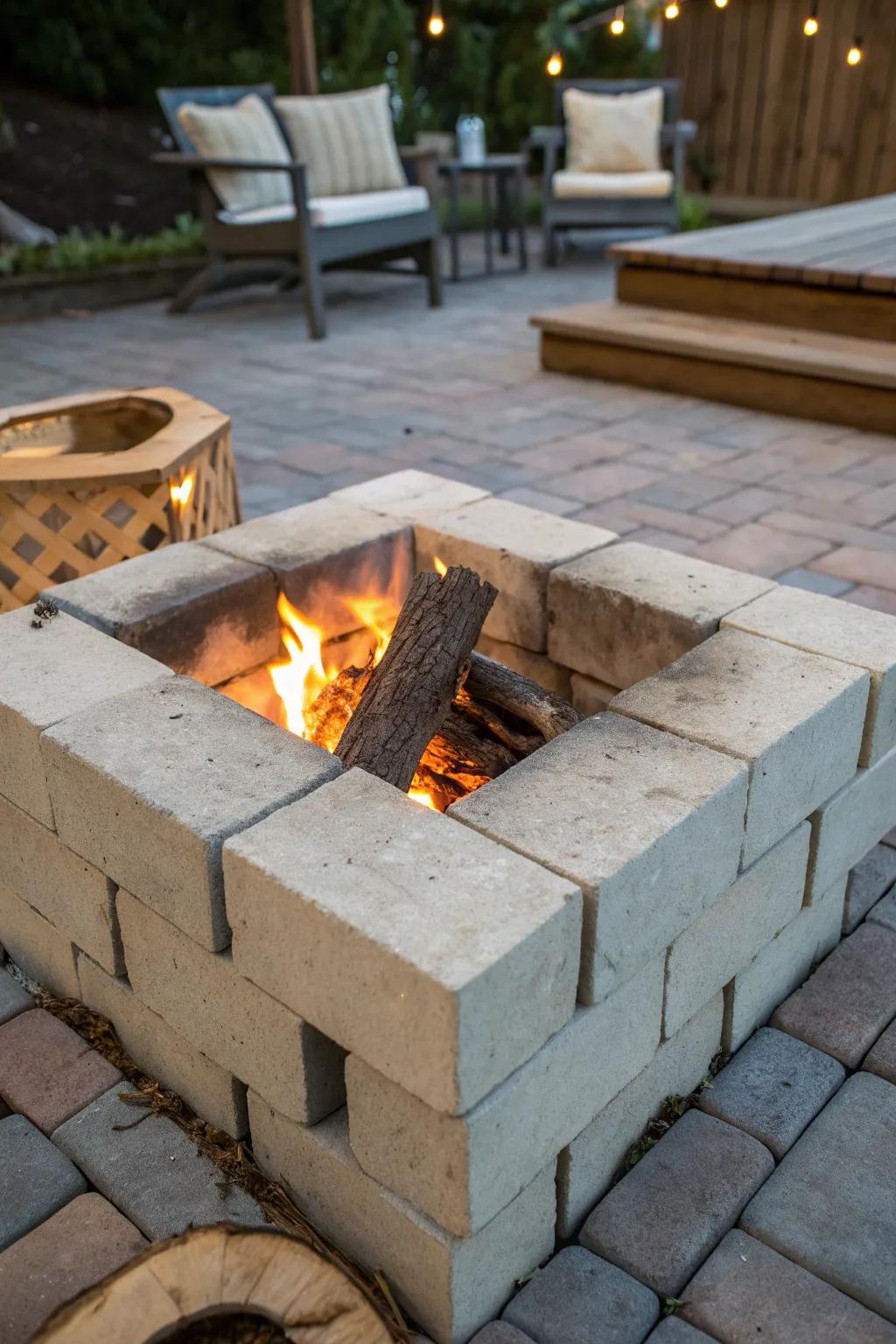 Gather around the heart of the patio: a handcrafted cinder block fire pit that promises warmth and togetherness.