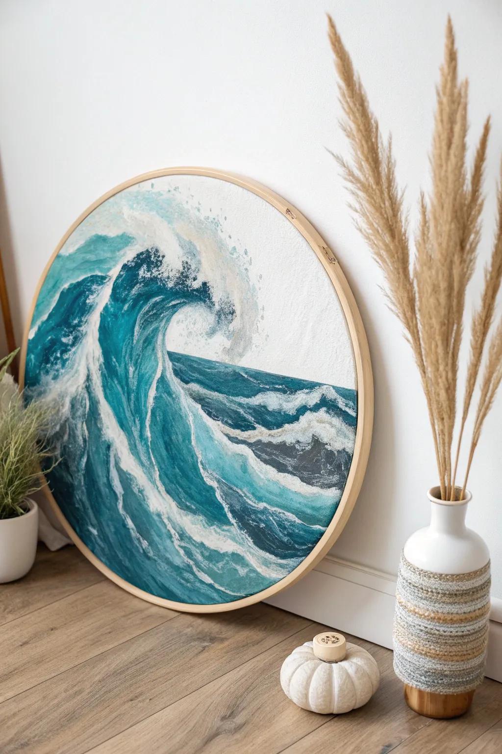 Dive into serenity with this ocean-inspired circle painting, a perfect blend of minimalism and natural beauty.