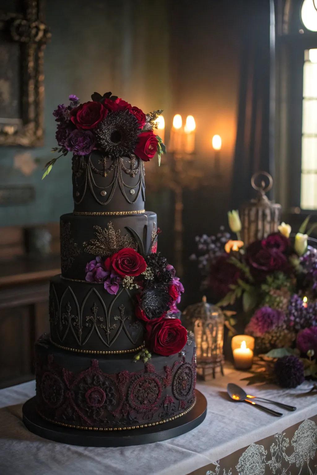 A gothic floral cake with deep hues creates a dramatic wedding centerpiece.