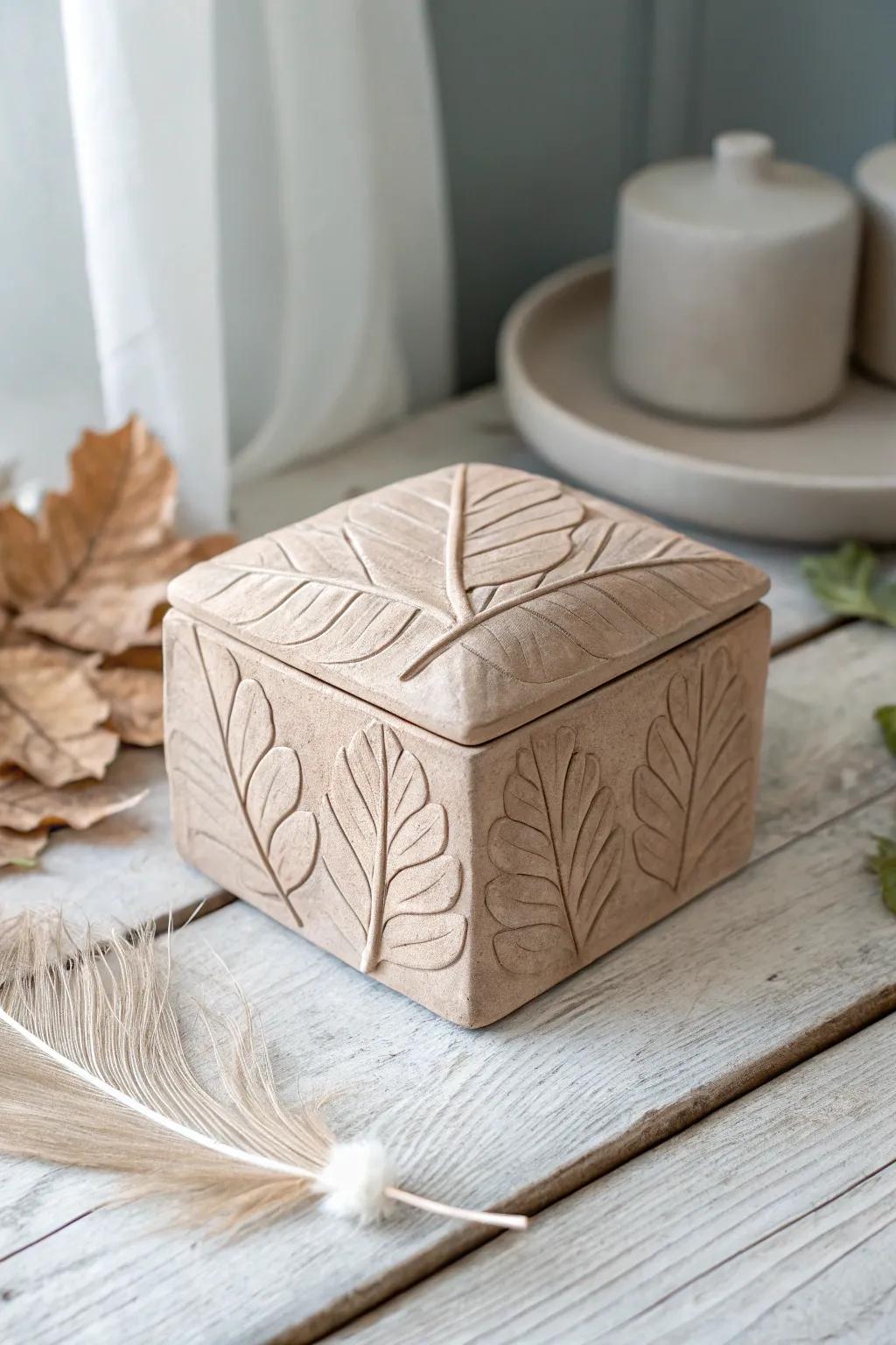 Embrace nature with this exquisite leaf-patterned clay box, where simplicity meets organic elegance.