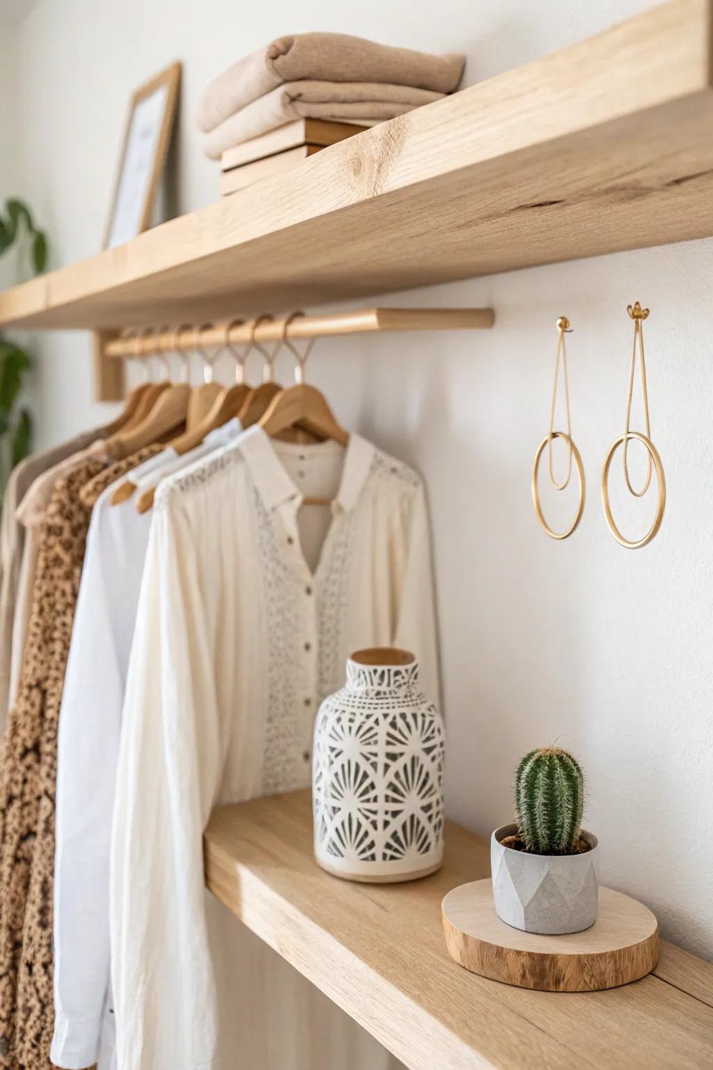 Elevate your closet with floating shelves: where simplicity meets artistry.