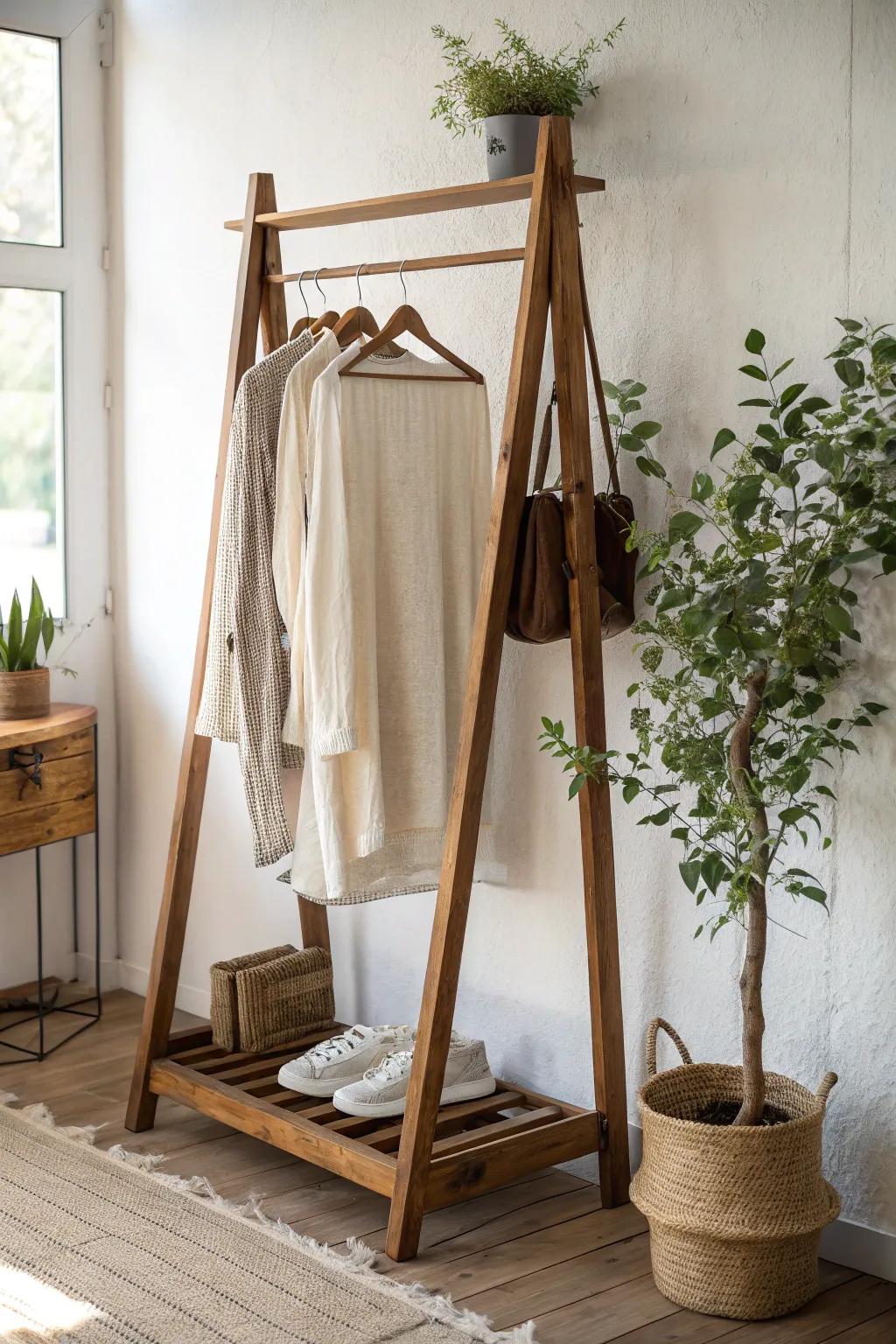 Embrace natural beauty with a handcrafted wooden clothing rack, adding warmth and simplicity to your space.
