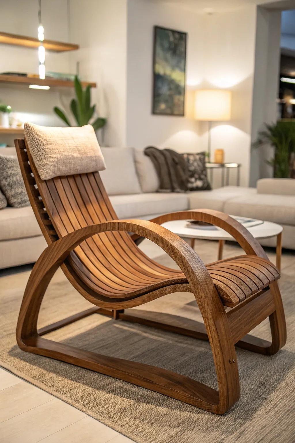Experience the art of relaxation with this masterfully crafted wooden lounge chair.