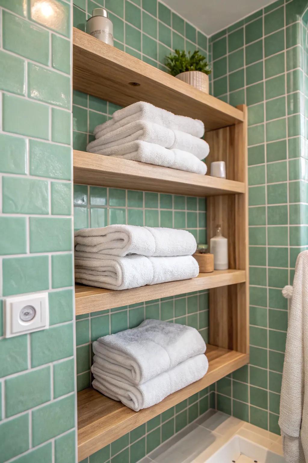 Seafoam green tiles bring a gentle touch of the sea into your bathroom.