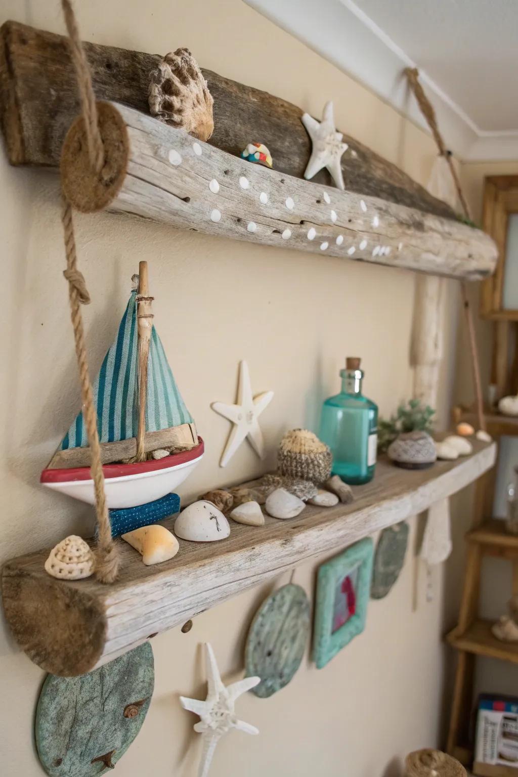 Driftwood adds natural elegance and beach charm to any wall.