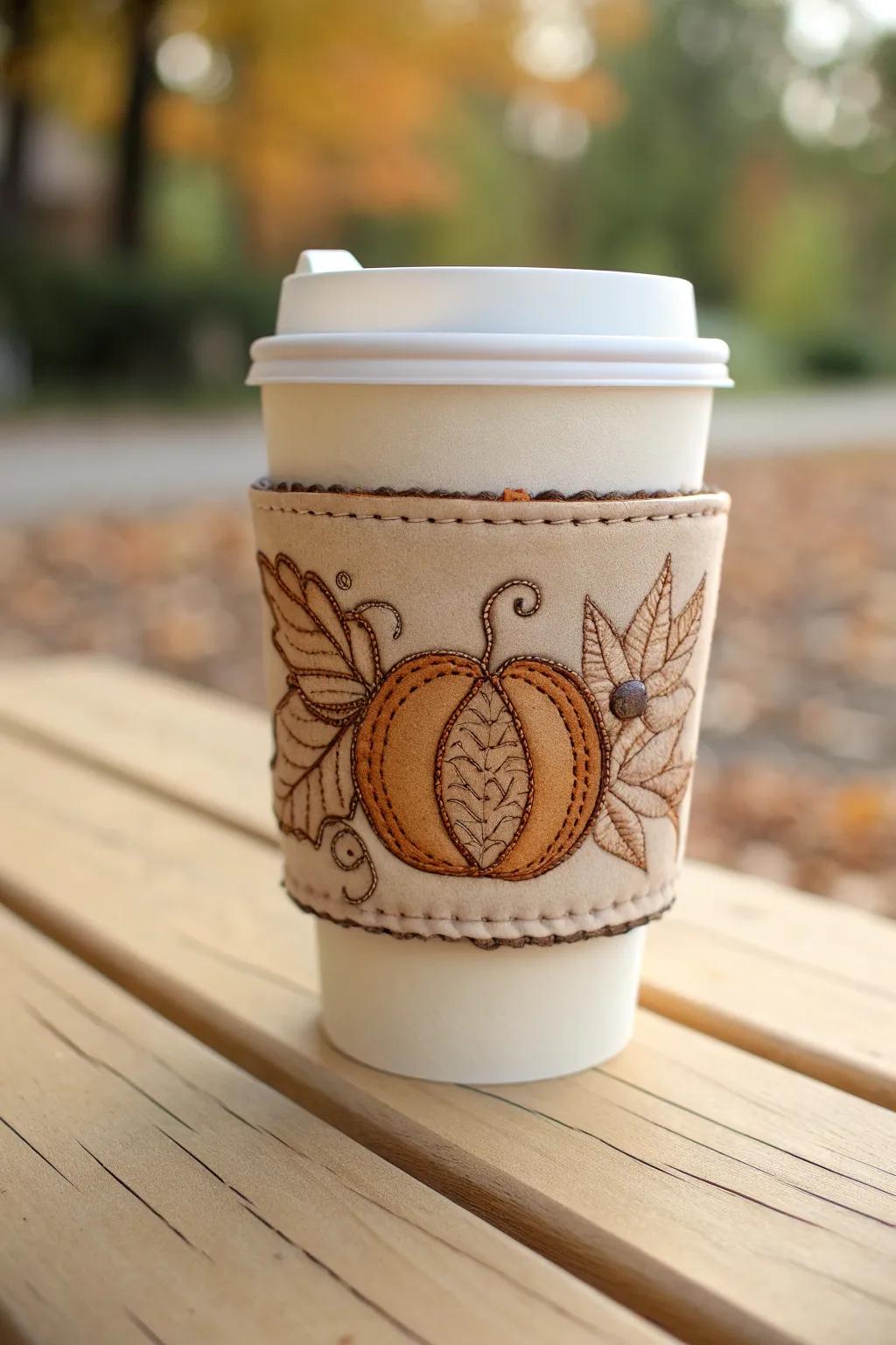 Embrace the cozy vibes of fall with a handcrafted pumpkin-themed coffee sleeve.