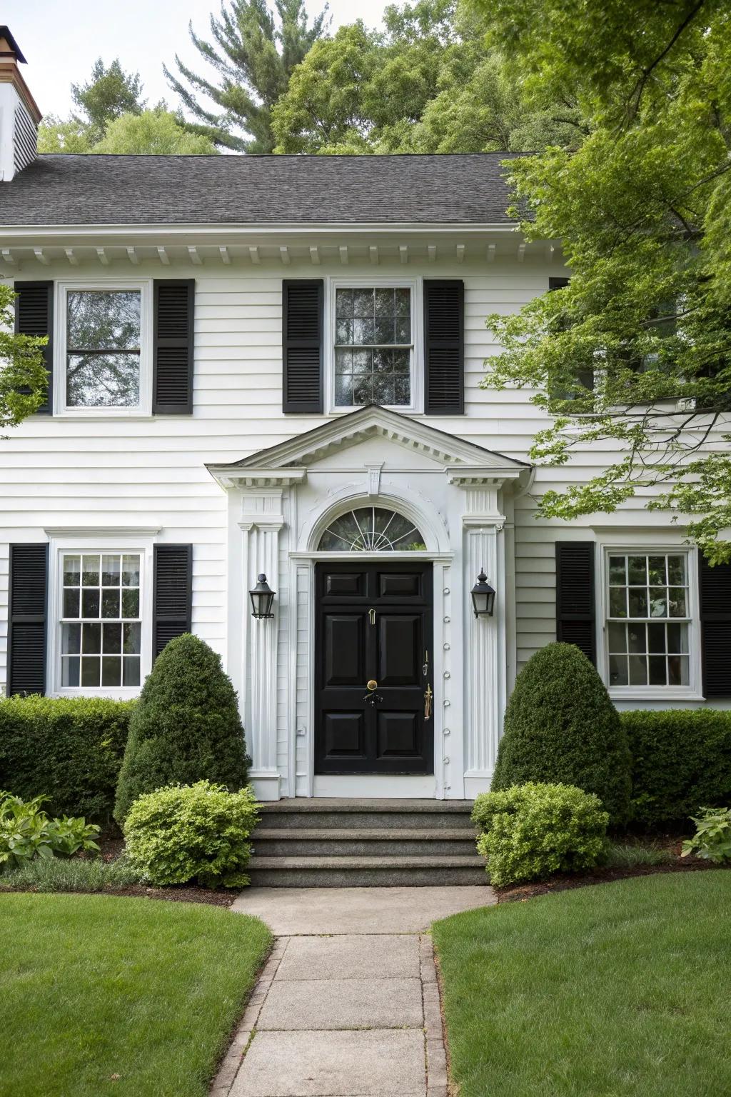 A classic black door adds sophistication and contrast to a colonial facade.