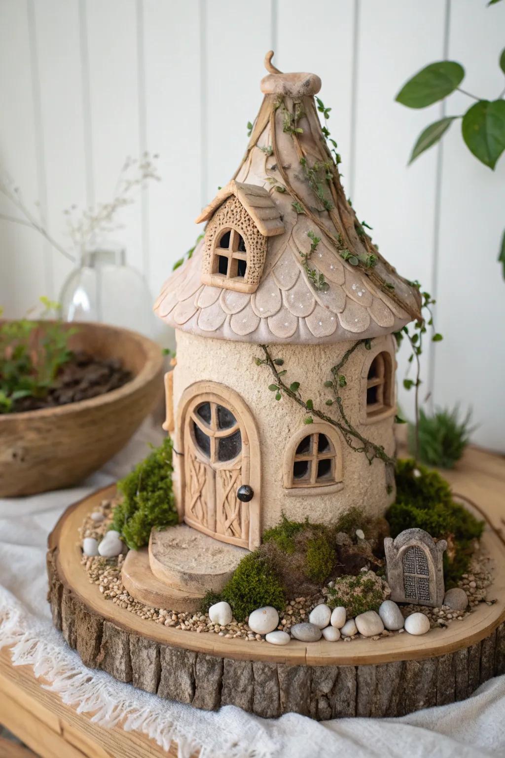 Escape to a fantasy wonderland with this charming clay fairy house, where simplicity meets enchanting craftsmanship.