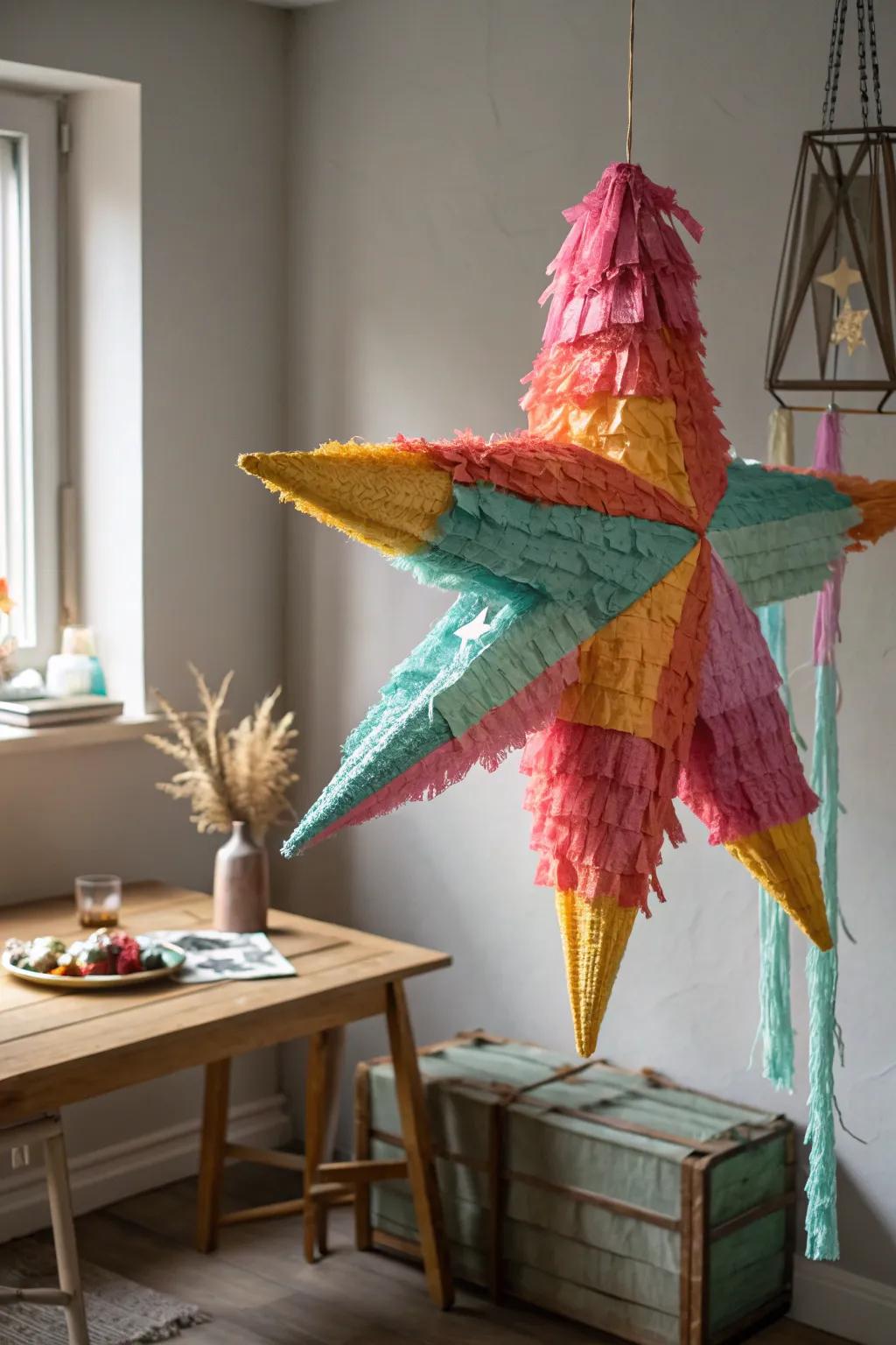 Add a pop of color to your celebration with this vibrant star pinata, a perfect blend of boho charm and Scandinavian simplicity!