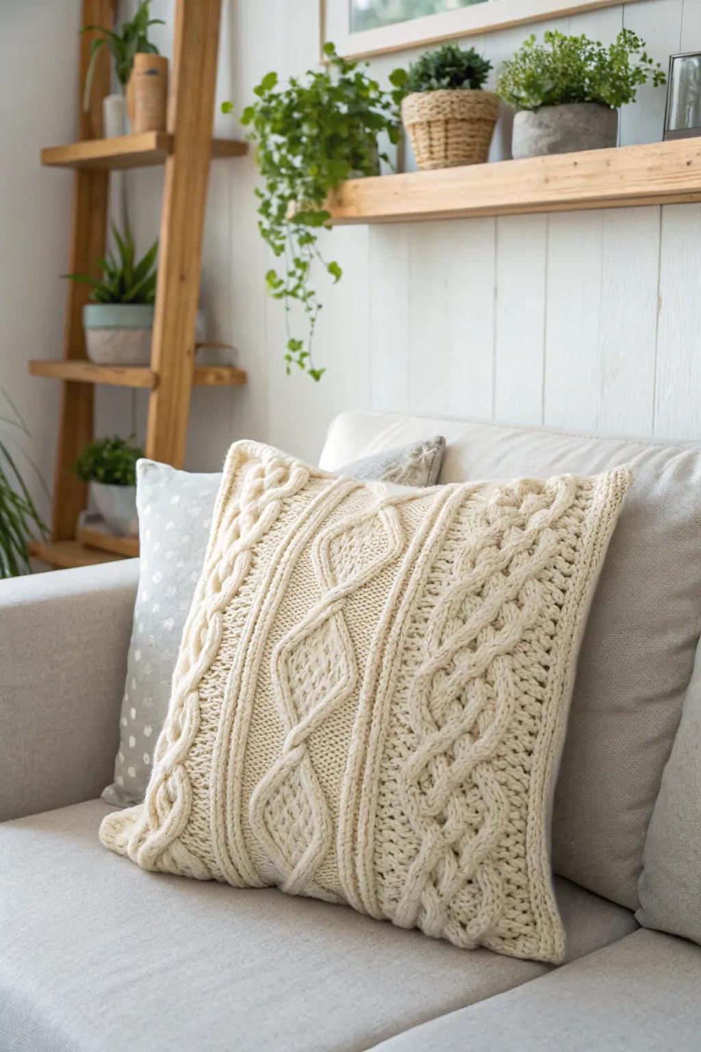 Add a touch of warmth and sophistication to your space with this elegant cable knit pillow cover. Perfect for honing your knitting skills and enhancing your home decor!