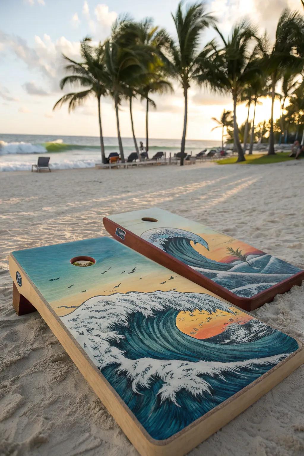 Bring the beach to your backyard with this stunning cornhole board design.