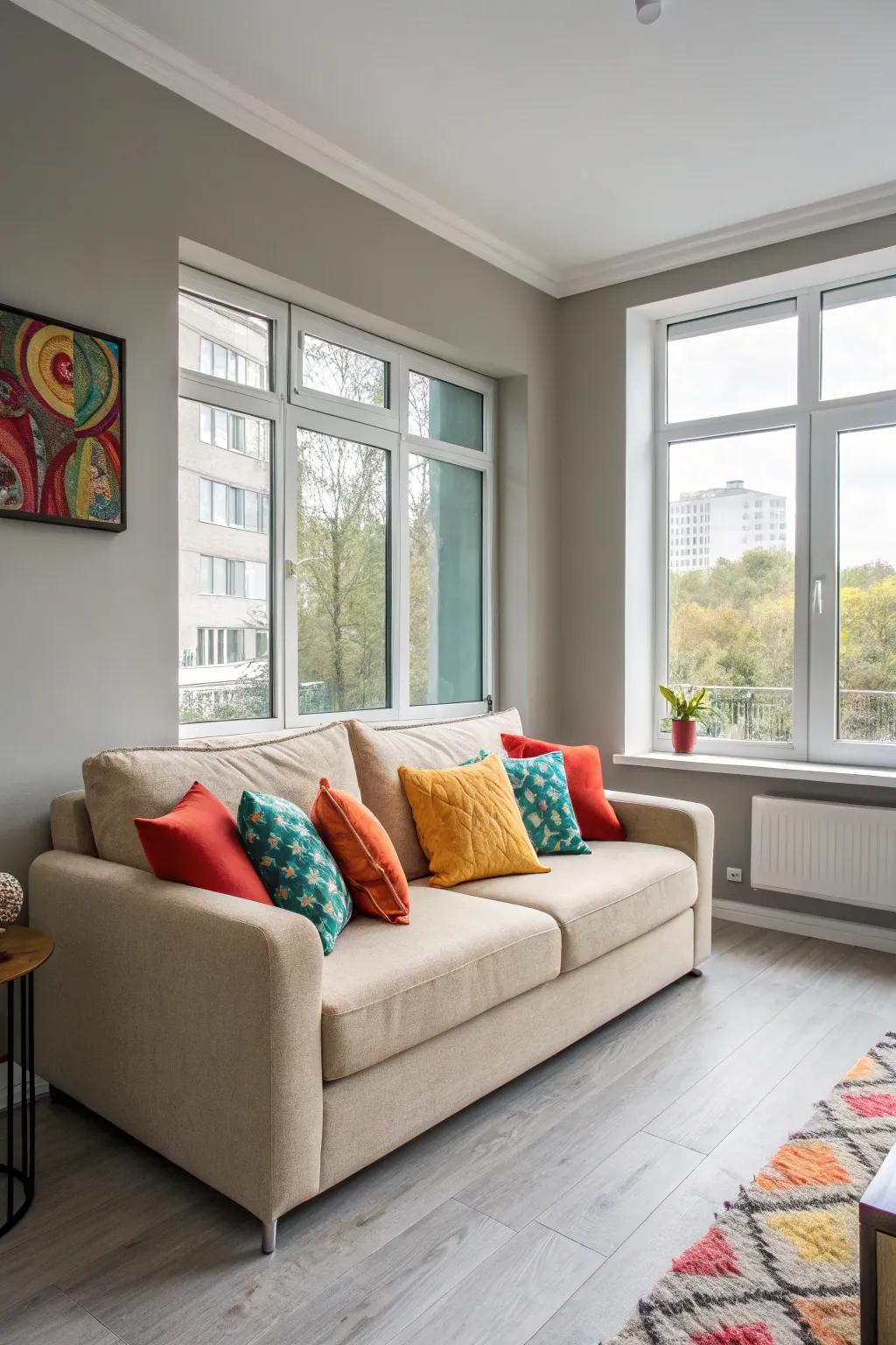 Neutral tones with colorful accents create a balanced and stylish atmosphere.