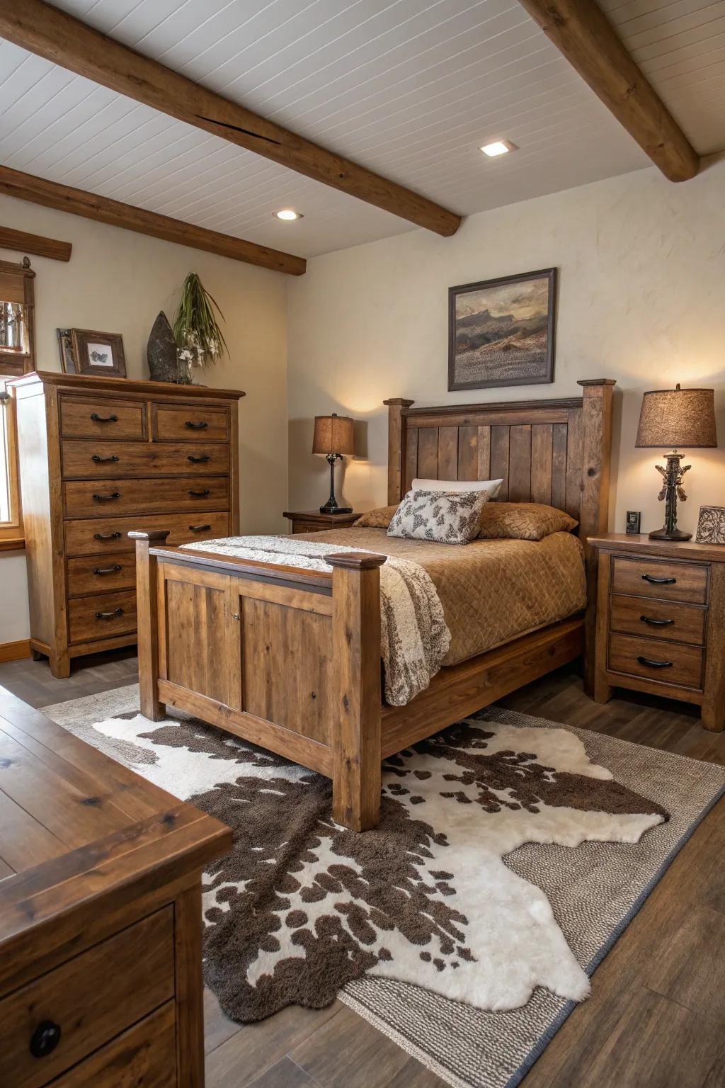 Farmhouse-style bedroom with a cowhide rug and wooden elements.