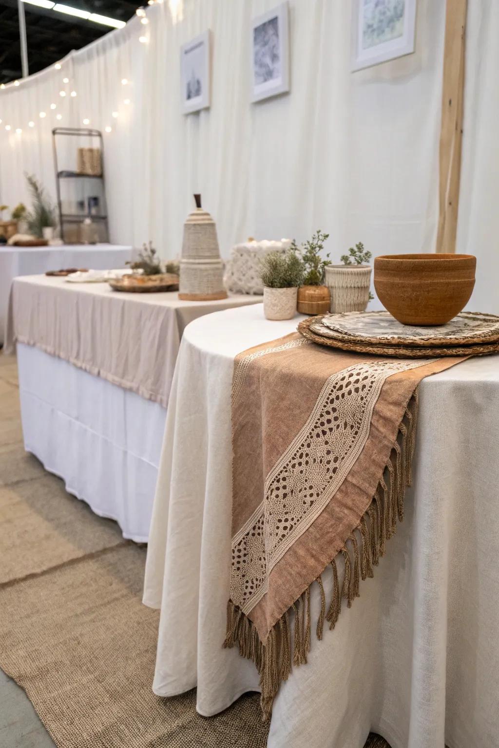 Elevate your craft show display with the art of layered table covers for a chic and clutter-free presentation.