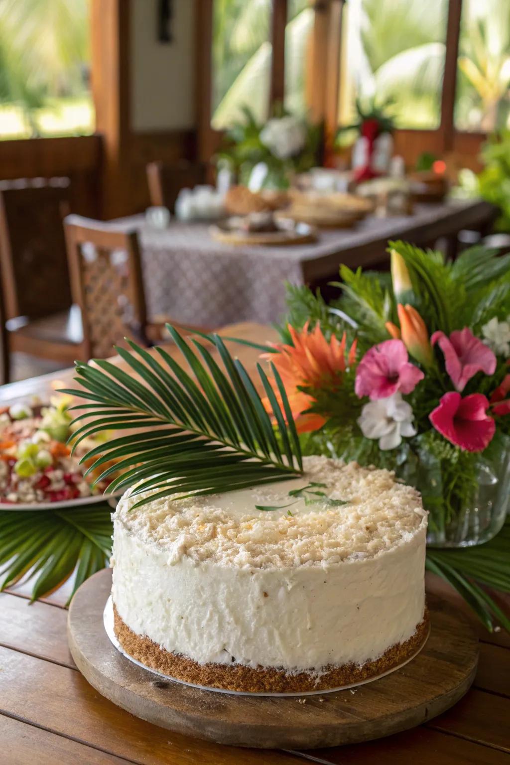 A tropical coconut cake with palm frond decorations.