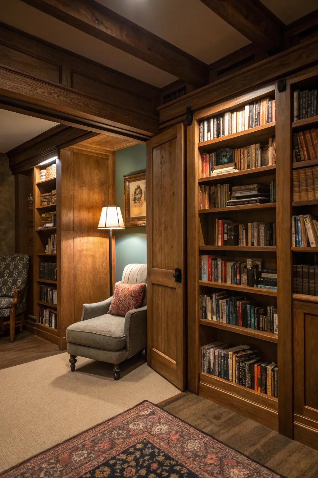 A secret library hidden behind a sliding bookshelf.