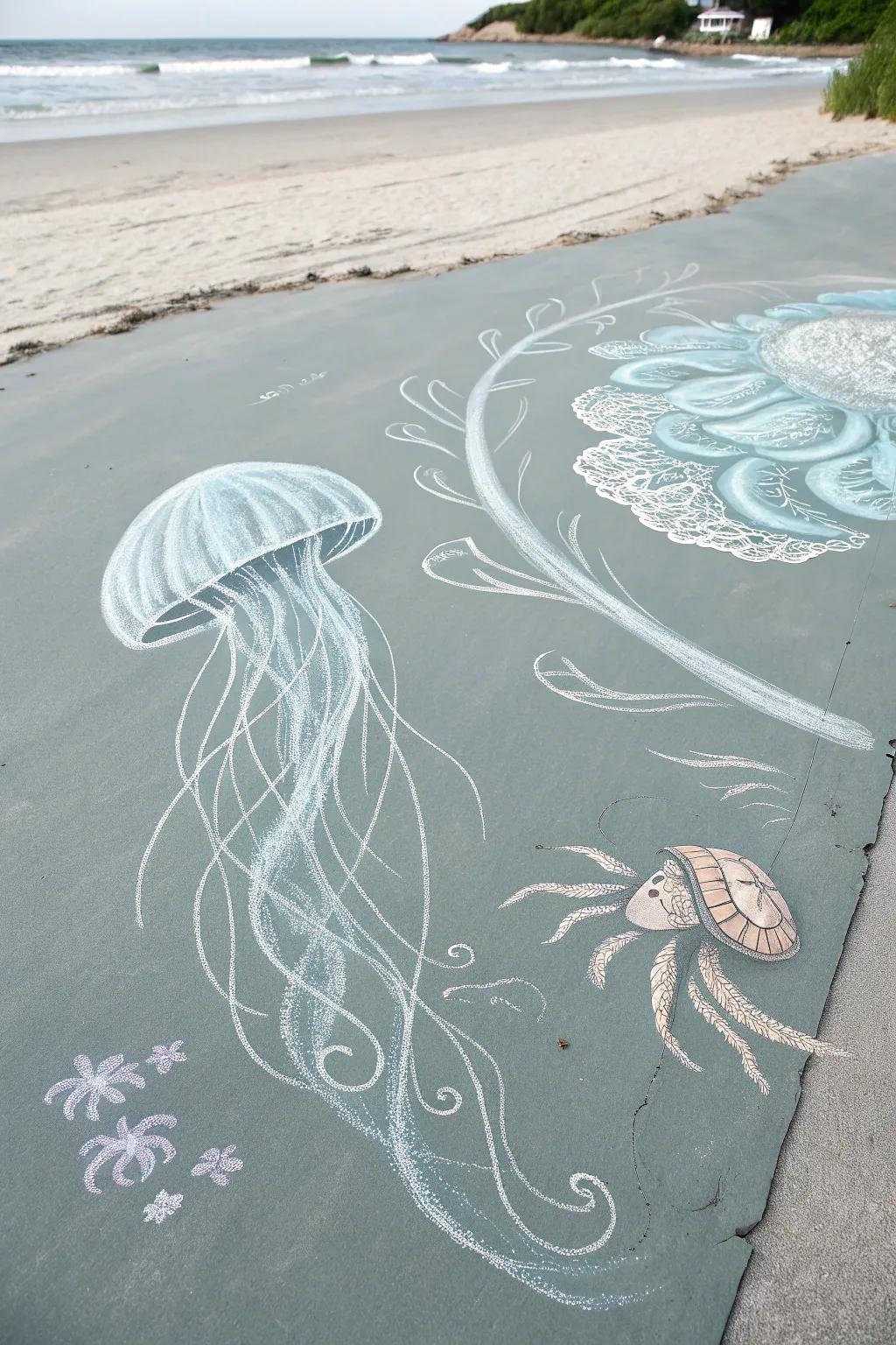 Explore the tranquil beauty of an ocean adventure, captured in delicate chalk lines.