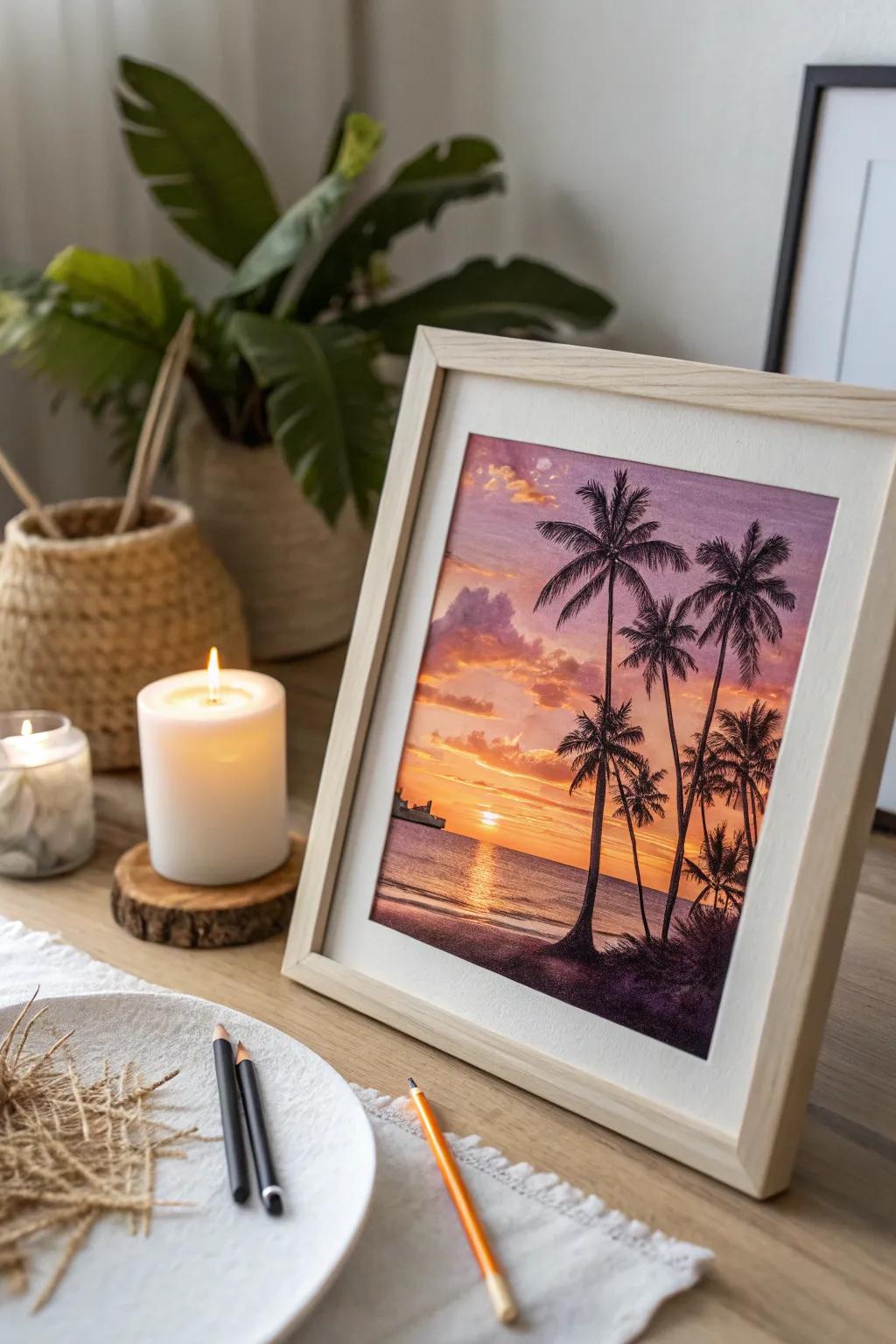 Embrace the tranquility of a tropical sunset through minimalist artistry.