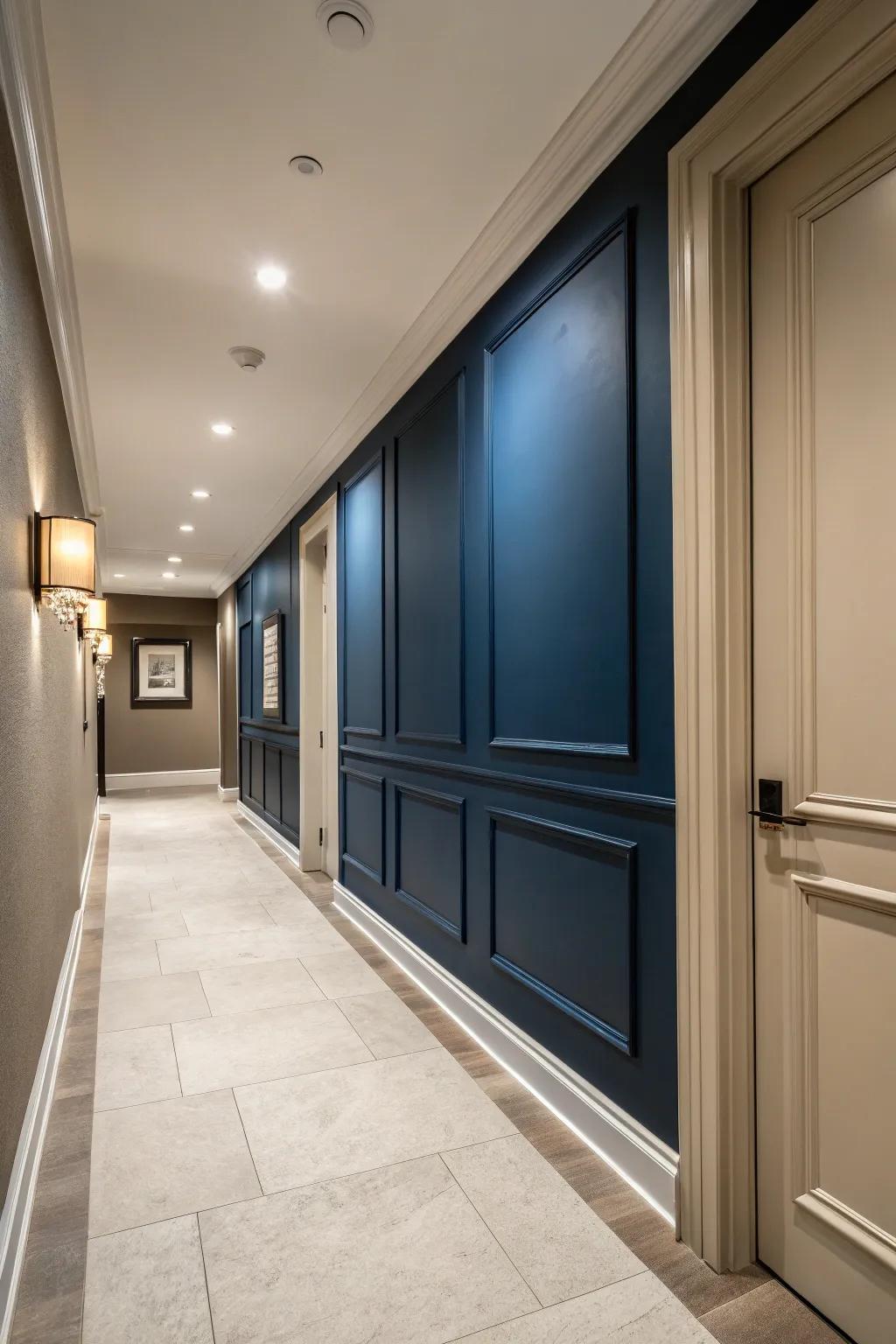 A feature wall in dark blue adds depth and character to a neutral hallway.