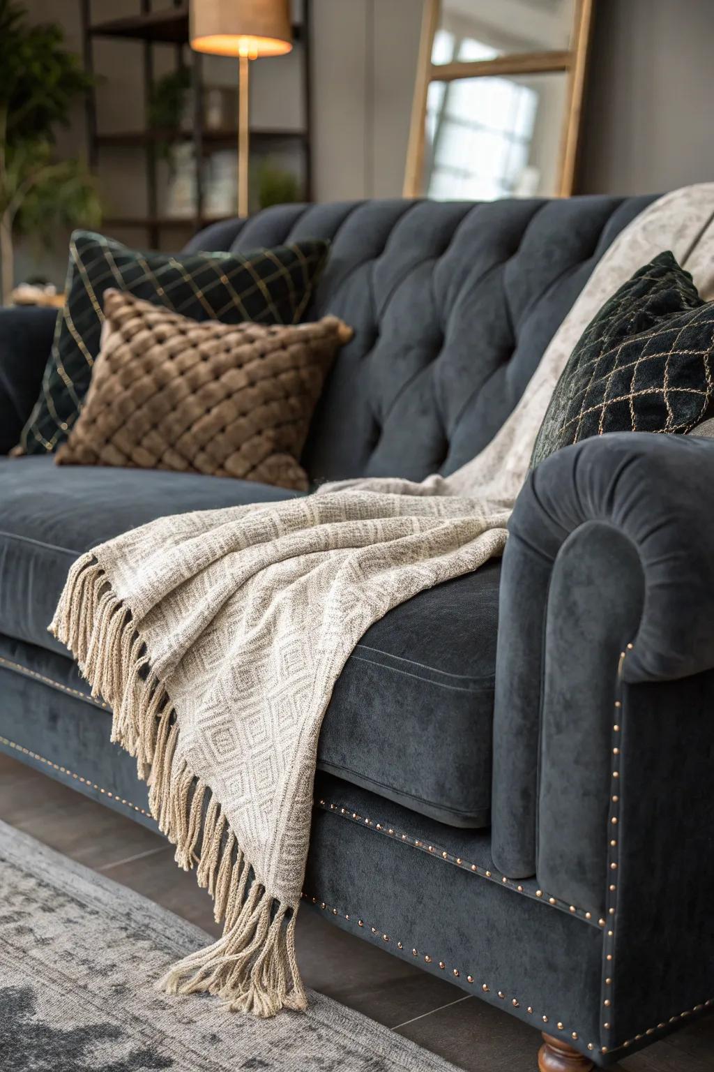 Velvet cushions bring a touch of elegance to the dark grey couch.