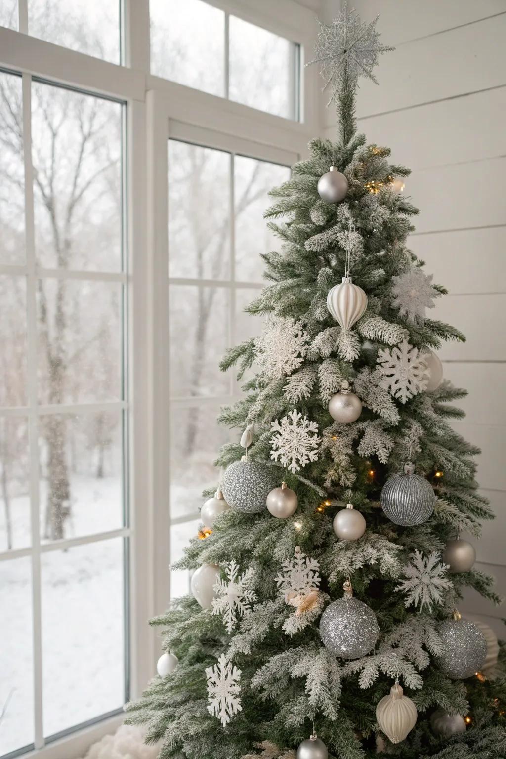 A winter wonderland-themed tree with frosty elegance.