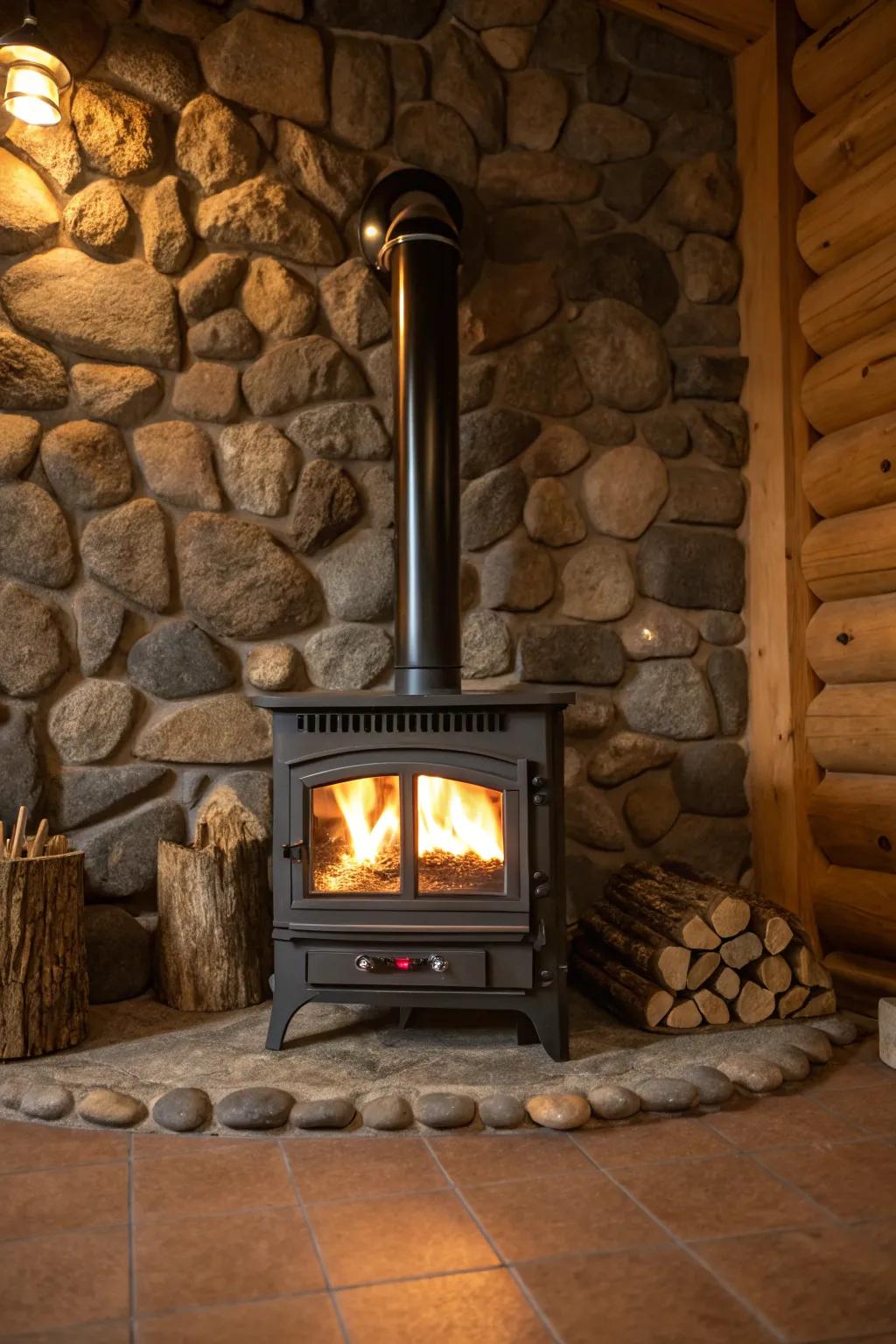 Stone accents add rustic charm to your stove area.
