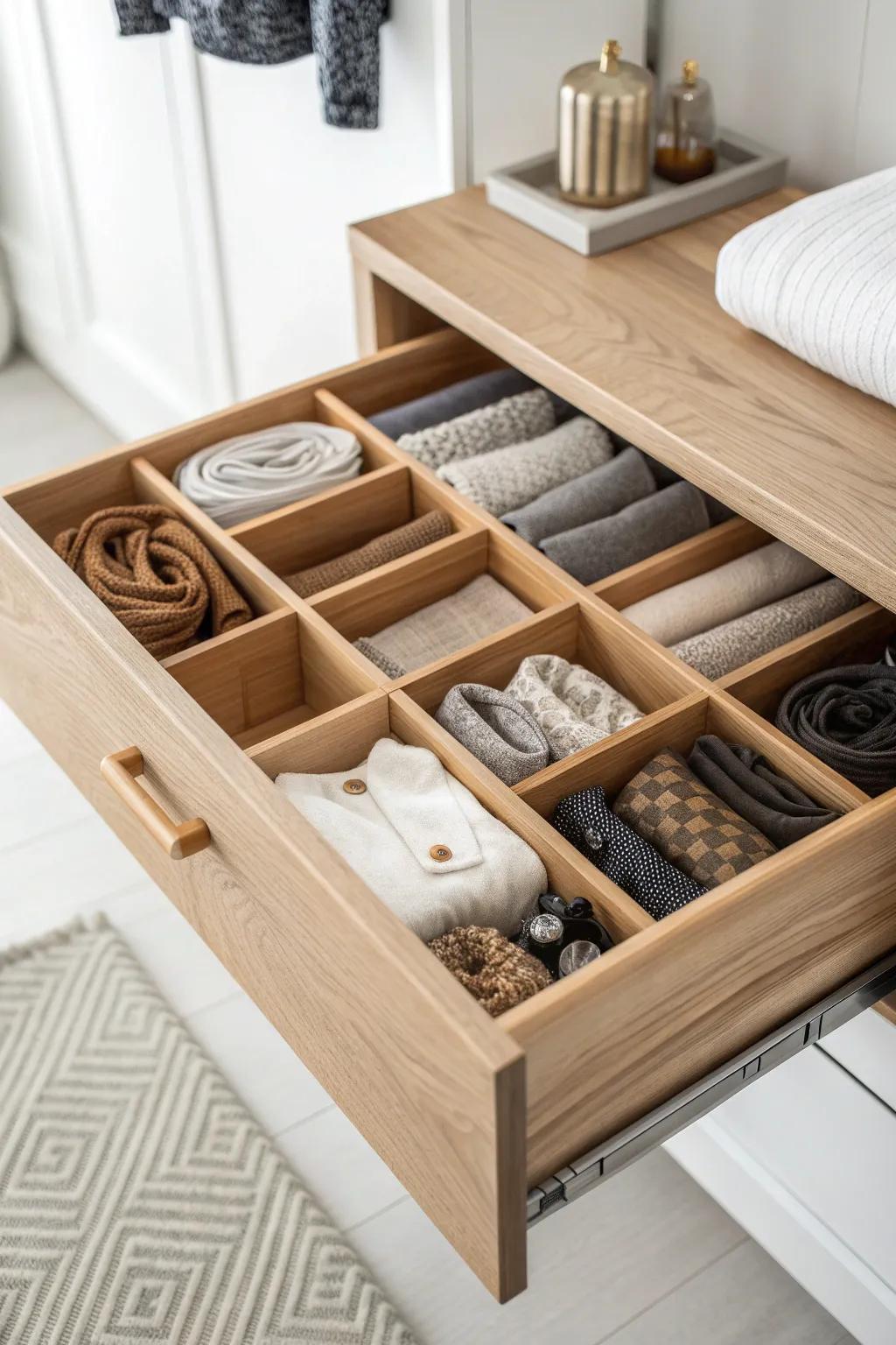 Transform clutter into calm with stylish wooden drawer dividers. #OrganizationGoals #MinimalistCharm